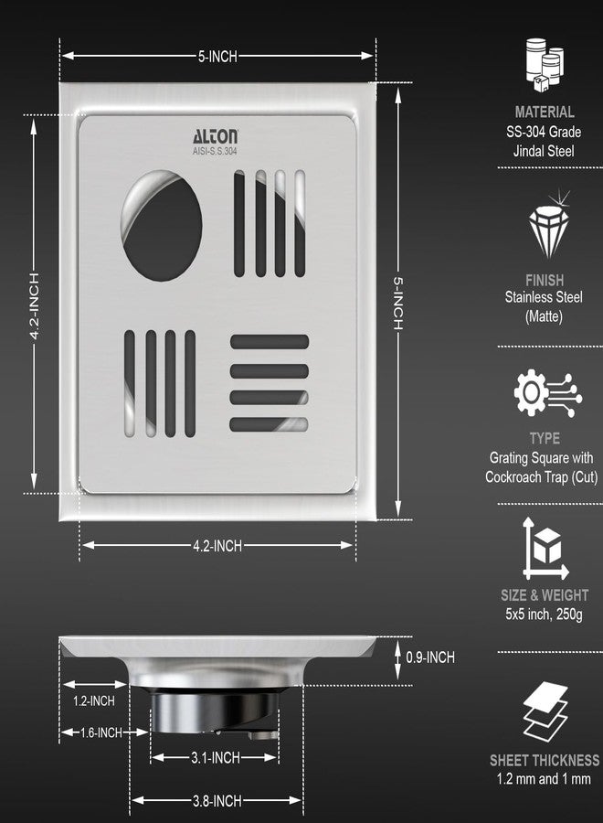 ALTON ALD1001, SS-304 Grade, 5x5 INCH Cut, Bathroom Grating Square Floor Drain Jali with ABS Cockroach Trap, Matte - Image 2